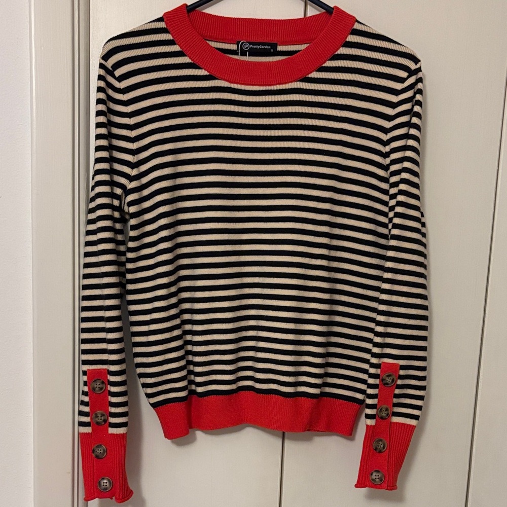 Pretty Garden Striped Sweater with Red Accents. NWOT